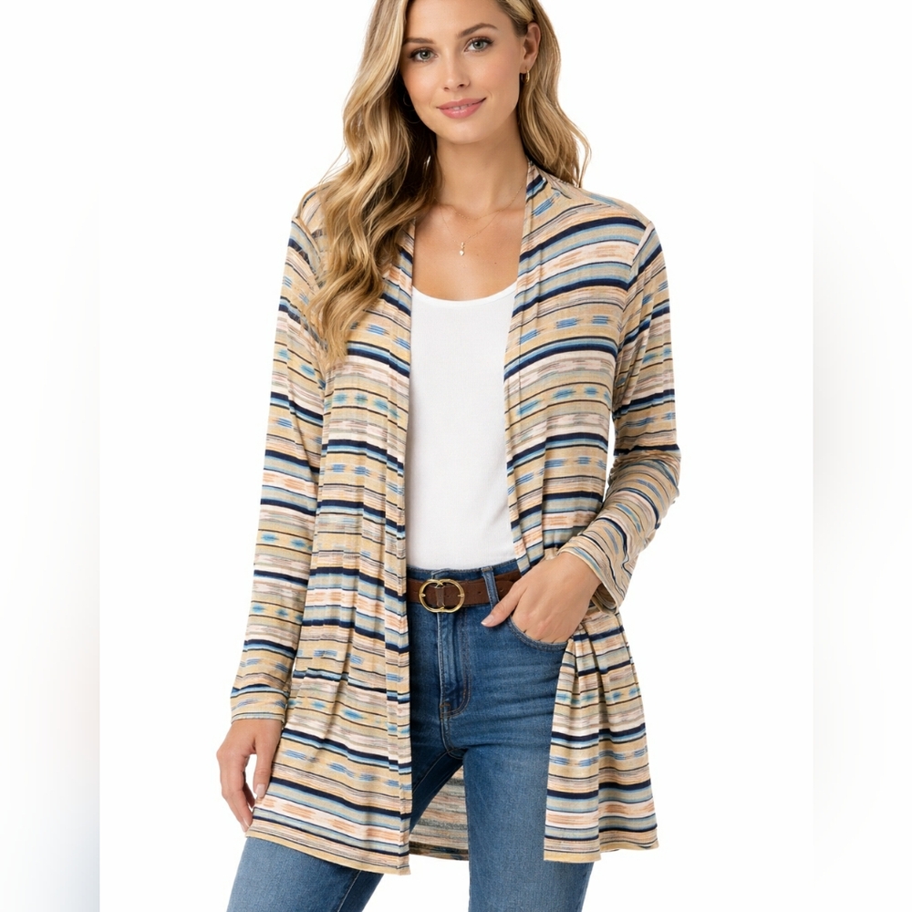 Lands’ End Striped Open Front Cardigan  Size M  Rayon Spandex Layering Light